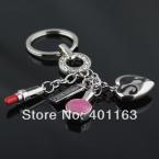 Fashion Crystal Lady Lipstick Makeup Heart Keychain Key Chain Ring Keyring Keyfob