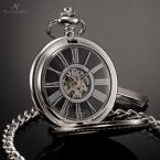 KS Retro Black Skeleton Roman Numbers Dial Silver Case Mechanical Hand Wind Male Clock Necklace Men Pocket Fob Watch / KSP033