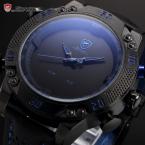 Shark Black Blue Dial Stainless Steel Case LED Analog Quartz Auto Date Day Display Leather Strap Sport Men Military Watch /SH232