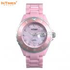 InTimes IT-063 женские водонепроницаемые часы с круглым циферблатом, кристаллами, указывающими время, подсветкой и ремешком из пластика. (Цвет - розовый)