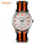 InTimes IT-1066 Unisex водонепроницаемые часы с японским механизмом, круглым циферблатом, календариком и нейлоновым ремешком с полосками. (Цвет - оранжевый)