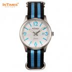 InTimes IT-1066 Unisex водонепроницаемые часы с японским механизмом, круглым циферблатом, календариком и нейлоновым ремешком с полосками. (Цвет - синий)
