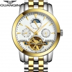 Люксовый Бренд GUANQIN Tourbillon Часы Мужчины Водонепроницаемый Скелет 8 Стильная Мода Автоматические Self-Wind Часы Золотые Часы